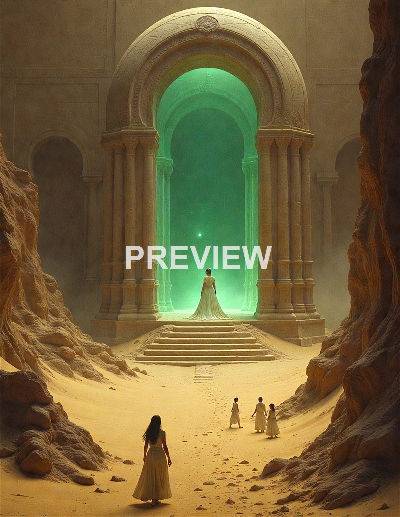 A woman in a long white dress stands at the top of stairs in a desert-like environment, facing an ancient, grand stone archway with glowing green light emanating from inside, while three other women walk towards her from below.